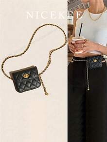 Women's Quilted Diamond Metal Chain Crossbody Bag - Elegant Niche Waist Bag, Compact Lipstick Coin Purse, Lightweight Daily Fashion Bag - 黑色 - 查看 1