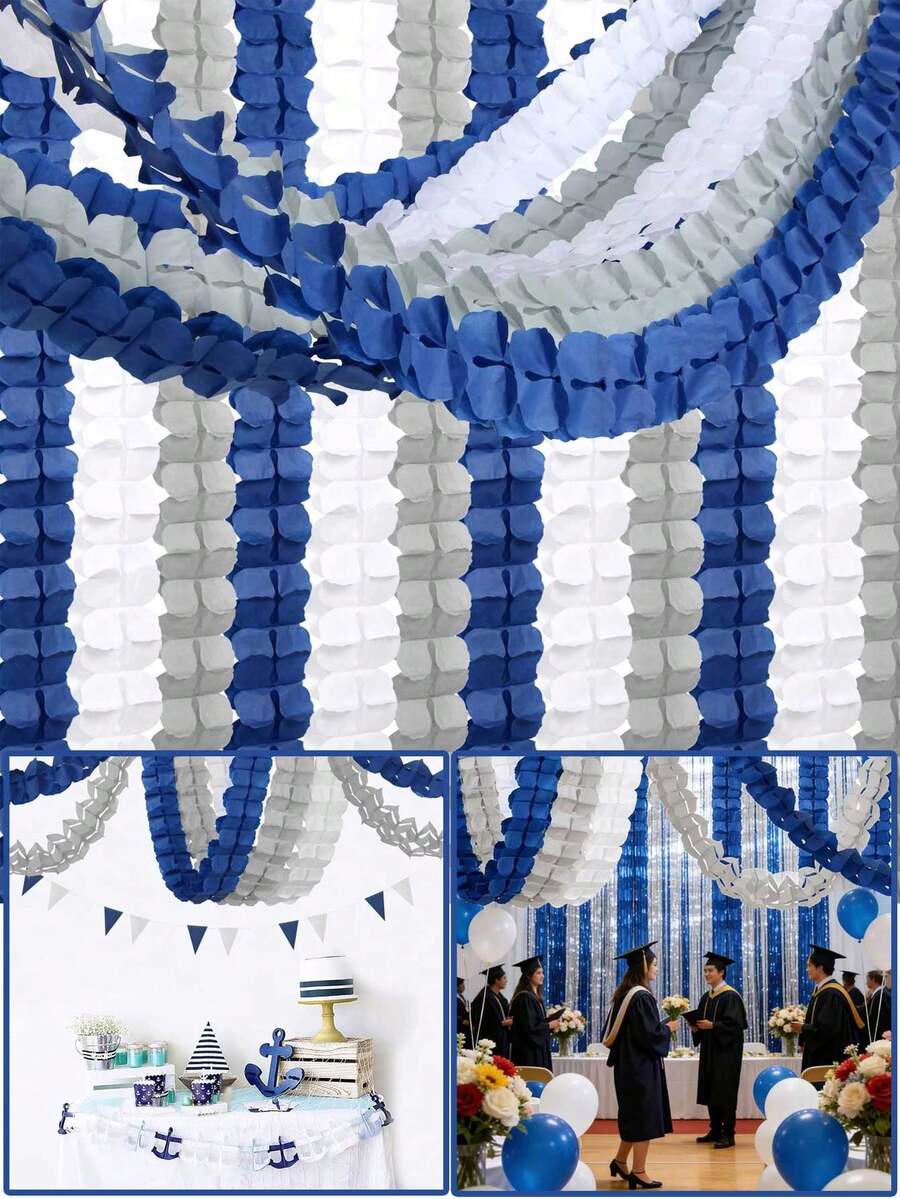 12条海军蓝、白色和银色派对装饰丝带 - 2026皇家毕业典礼,四叶草纸彩带,适用于男士、男孩、生日、婚礼、新娘送礼会、父亲节装饰、极光婴儿派对装饰 - 藍銀白 - 查看 1