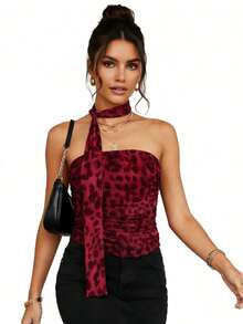 Women's Cheetah Print Tube Tops Mesh Sleeveless Strapless Leopard Slim Fit Ruched Cropped Tanks With Scarf - 紅色 - 查看 1