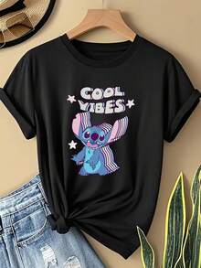 Disney-Themed Graphic Tee, Featuring A Print Of Stitch From Disney's Lilo & Stitch. This Casual And Stylish Short-Sleeved Tee Is Made Of Slightly Stretchy, Non-Transparent, And Easy-Care Material, Ideal For Everyday Wear. (Women's Tee) - Black - View 1