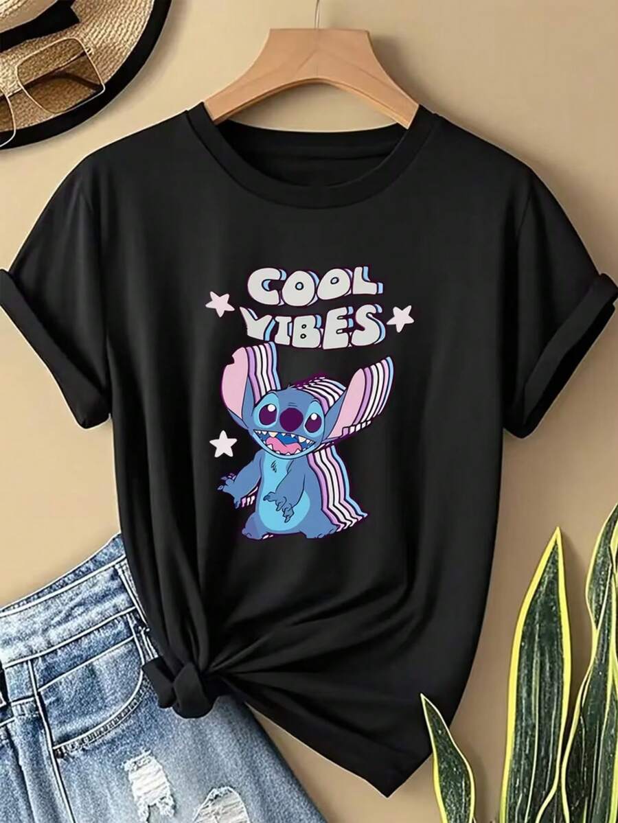 Disney-Themed Graphic Tee, Featuring A Print Of Stitch From Disney's Lilo & Stitch. This Casual And Stylish Short-Sleeved Tee Is Made Of Slightly Stretchy, Non-Transparent, And Easy-Care Material, Ideal For Everyday Wear. (Women's Tee) - Black - View 1