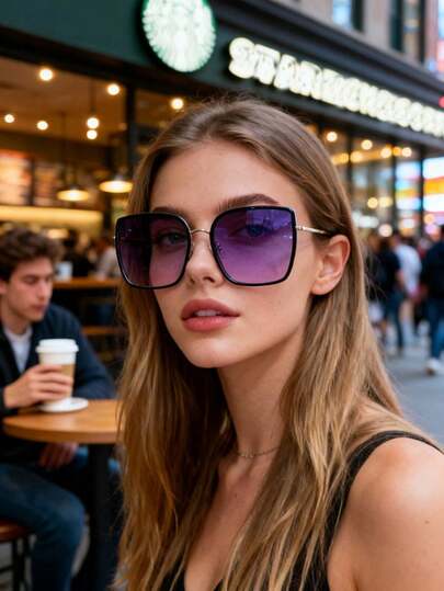 这款时尚的方形金属镜框眼镜专为女性设计，适合户外活动，是优雅迷人的海滩配饰。