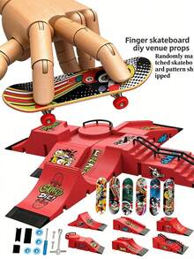 6-In-1 Finger Skateboard Set, Including Half Pipe, Finger Skateboard, Finger Skateboard Training Props, Interactive Free-Style Skateboard Game, Random Color Skateboard Pattern And Wheel Accessories - Multicolor - View 3