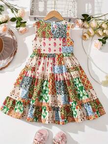 Robe d'été décontractée sans manches à col rond avec patchwork floral pour jeune fille, tissu respirant, doux et agréable à la peau, tenue de mode pour sports de plein air, vacances et fêtes, cadeau parfait - Multicolore - Voir 2