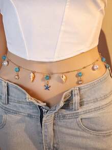1pc Boho-Style Lovely Seashell, Starfish & Faux Pearl Gold-Tone Women Waist Chain/Belt, Suitable Beach, Music Festival, Dates, Summer - Gold - 查看 6