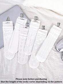 1/3/6 Pairs Women White Lace Hollow Out Socks, Heart Pattern Mid-Calf Socks, Sweet Lolita Style Socks, Straight Tube Socks Without Heels - White - View 5
