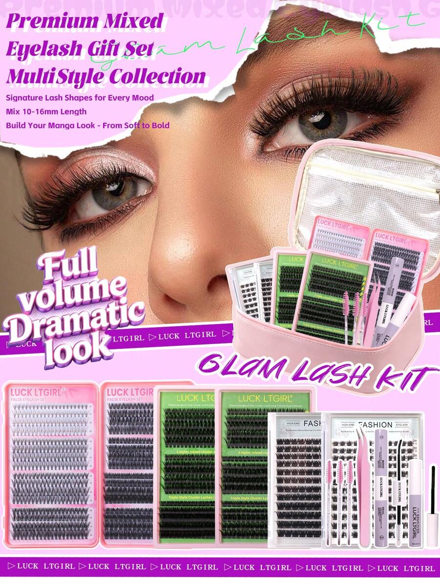 LUCK LTGIRL 1500/632/290/144 片装 DIY 假睫毛套装，D 卷度单根假睫毛 10-16mm，10D-20D-30D-40D-50D-60D-80D-100D，柔软仿貂毛浓密假睫毛，含睫毛粘合剂和封口剂，镊子，刷子和假睫毛卸除器，家用 - 黑色 - 查看 1
