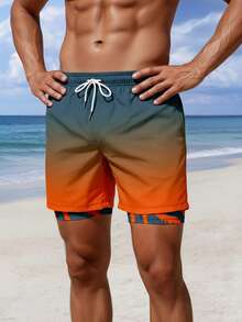 Men's Octopus Print Double-Layer Beach Shorts, Casual Summer Holiday Style - Multicolor - View 2
