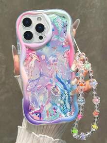 海洋生物印花奶油色波浪边手链式防震加厚手机壳，兼容 17/17Pro/17ProMax、16 XR/7/8、15 ProMax、12 ProMax、13 ProMax、14 ProMax、13、14、11、12P、14P、11P、12P、XS、XR、7/8P、7/8GES2、A13 4G、A22、A21S、A51 4G、A52、S22 Ultra、A33 5G、A34、A35、10、Note 11 4G、11 Lite、A53、A14、A23、S23 Ultra、S24、A14、A15、S23、A73、A55、A54等手机，国际版。不是国内版本 - 彩色 - 查看 3