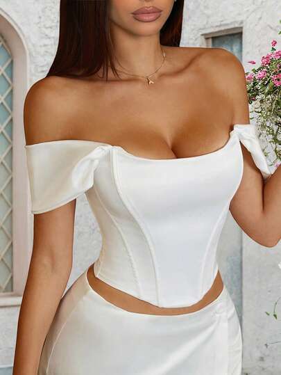 Apperloth A Top corset de satén blanco sexy, camisola corta con hombros descubiertos para mujer, con cintura ajustable, adecuado para fiestas, San Valentín, festivales de música, bodas, salidas de primavera/verano