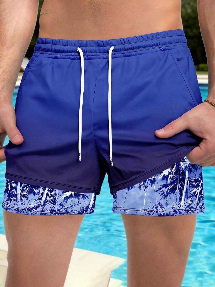 男士夏季渐变度假丛林棕榈树印花带衬里口袋短裤 - 彩色 - 查看 1