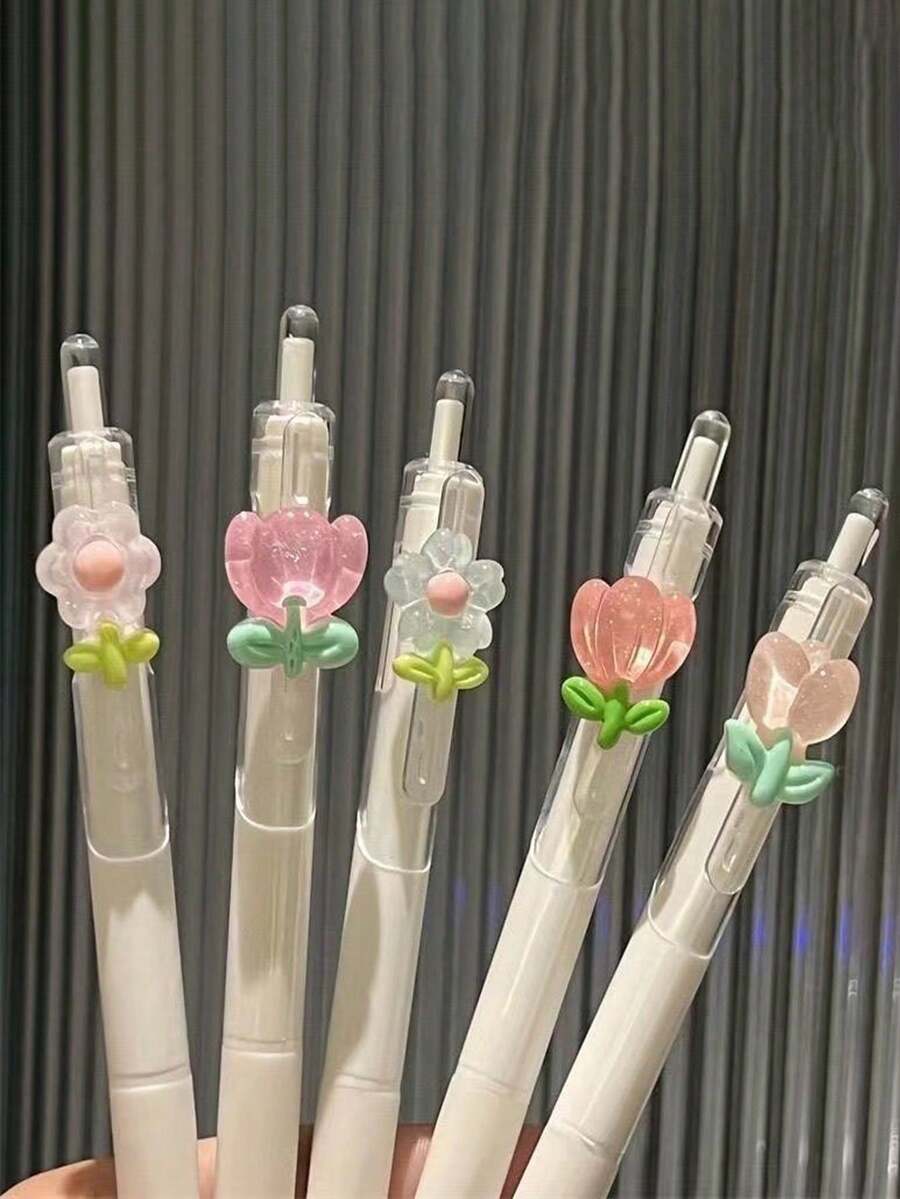 5支/套 可爱花朵自动0.5mm卡通按压圆珠笔,文具学生办公用品学生礼物(花苞颜色随机) - A - 查看 1