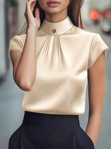 1件女士纯色缎面纽扣拉链优雅时尚短袖衬衫上衣，适合办公室、度假、日常、约会、春季、秋季、夏季穿着。 - 香檳色 - 查看 2