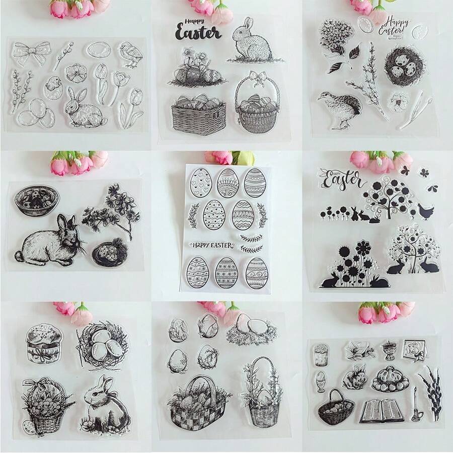 Easter Bunny, Eggs, Bird Nest Transparent Stamps, Scrapbooking & Card Making DIY Decorative Materials, Basket, Tulips, Handmade Card Decorations