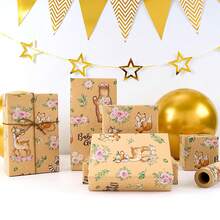 5/10pcs Baby Shower Series - Kraft Paper Gift Wrapping Paper, 28.5*42cm Baby Shower Gift Wrapping Paper Roll, Baby Birthday Gift Wrapping Paper Roll, Wild Animal Design Birthday Party Gift (Zebra/Bear/Floral Bear Optional) - Multicolor - View 8