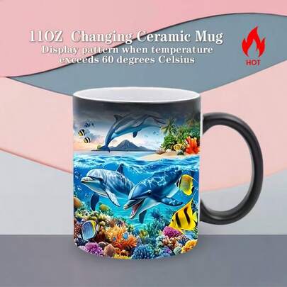 1个11盎司热感变色陶瓷马克杯 | 海洋生物主题设计，是海滩度假、泳池派对、水下探险、热带之旅、海滨休闲的理想之选