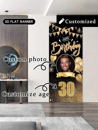 1pc Customizable Polyester Birthday Banner, Luxury Black Gold Birthday Banner, 2D Flat Durable Printed Poster, Personalized Birthday Custom Photo Age Poster, Door Decor Personalized Photo And Design, Multifunctional Personalized Logo Background Cloth, Custom Flag, Washable, Lightweight