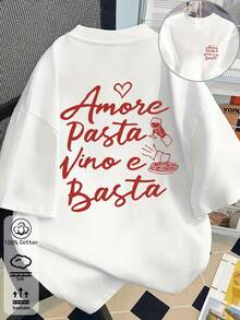 Amore 義大利麵與紅酒設計男士修身T恤，度假旅行海灘、日常聚會 - 白色 - 查看 4