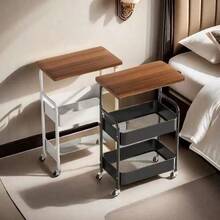 Portable Double-Deck Coffee Table Small Trolley, Retro Style Storage Rack, Sofa Side Cabinet, Snack Small Table, Cross-Border Coffee Table - Ivory White Belted Storage Rack - View 5