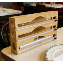 Natural Bamboo Kitchen Storage Box, 2-In-1 Adjustable Organizer With Built-In Cutter, Multi-Layer Compartments For Foil And Wrap, Suitable For Home And Outdoor Camping Utensil Holder - Brown - View 5