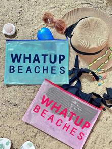 多色防水时尚网布沙滩包，化妆包，印有“WHATUP BEACHES”字样，沙滩主题，大容量透明化妆包，轻便防晒收纳包，沙滩必备，带尼龙拉链的洗漱包，适合游泳、沙滩、潜水和暑假，学生返校季，生日、节日、派对、婚礼（伴娘）的完美礼物和纪念品 - 彩色 - 查看 5