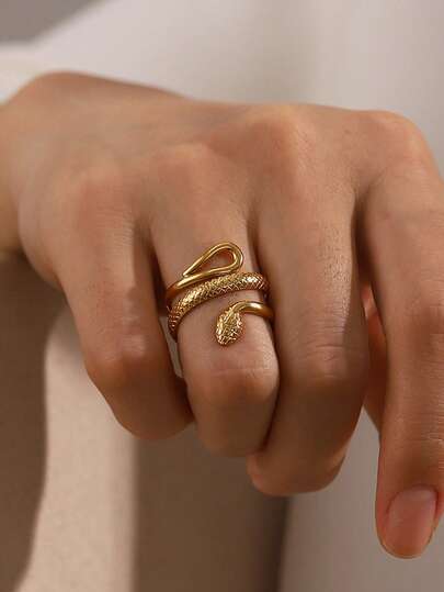 1pc Stainless Steel 18K Gold Plated Minimalist Elegant Geometric Textured Snake Ring, Suitable For Women's Daily And Holiday Wear