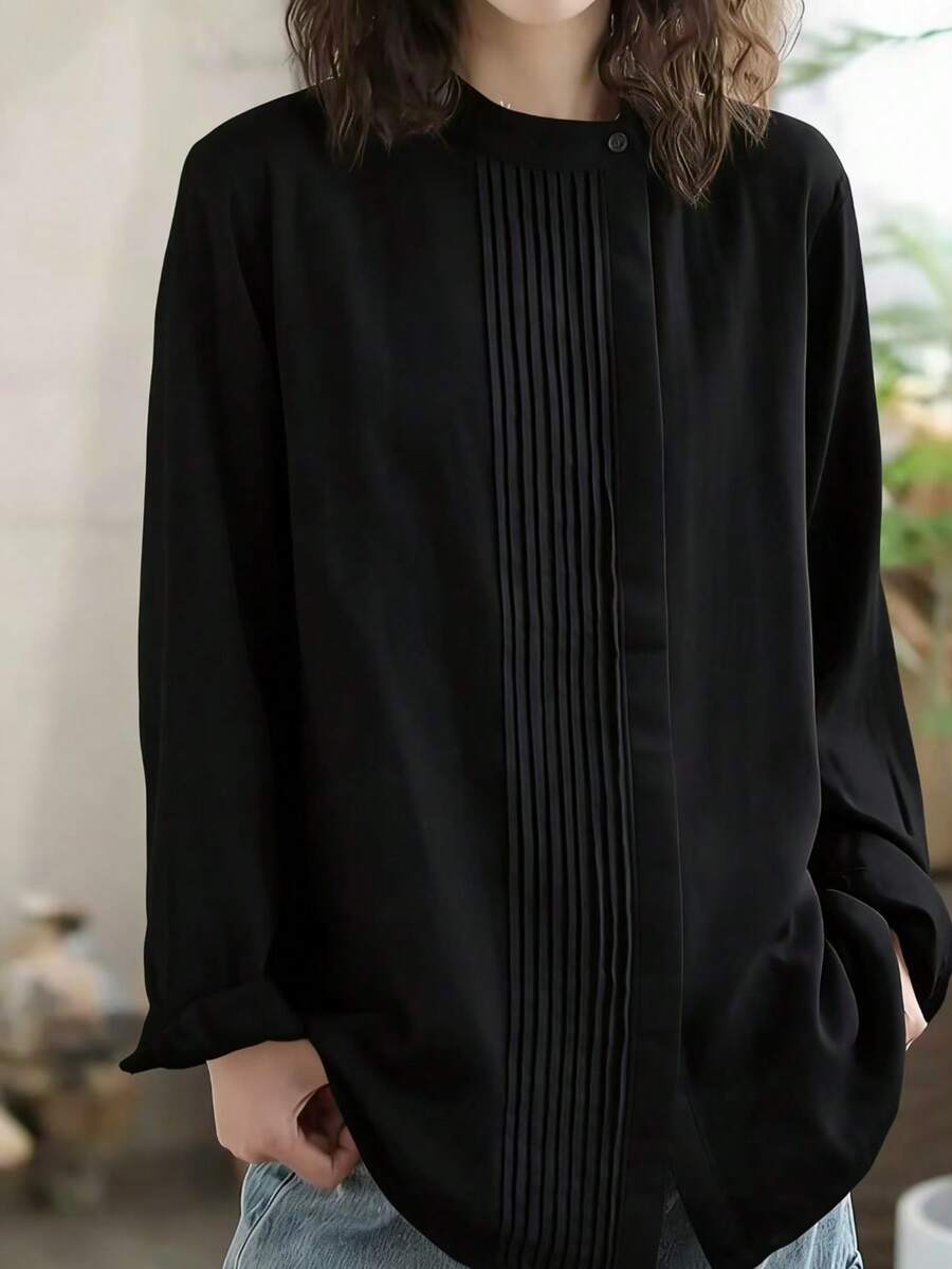 Plus Size Solid Color Casual Loose Side Pleated Collar Blouse Spring Black - Black - View 1