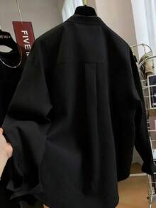 Plus Size Solid Color Casual Loose Side Pleated Collar Blouse Spring Black - Black - View 3