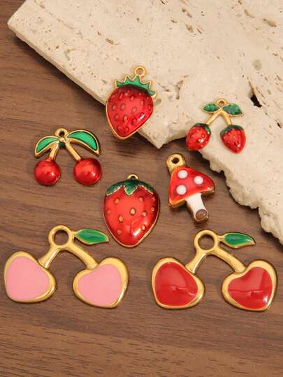 2PCs 18K Gold Plated Stainless Steel Mushroom Pendants Cute Fruit Strawberry Charm Enamel Cherry Charms For DIY Jewelry Making Materials Earrings Necklace Bracelet Accessories