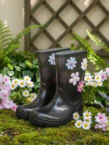 Girls' High-Top Rain Boots, Waterproof, Floral Print, Pastel Colors, Non-Slip, Comfortable - 透明煙熏 - 查看 1