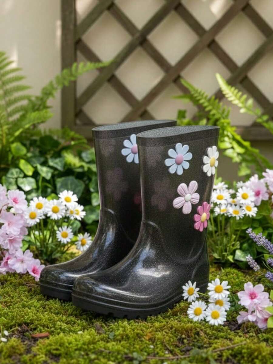 Girls' High-Top Rain Boots, Waterproof, Floral Print, Pastel Colors, Non-Slip, Comfortable - 透明煙熏 - 查看 1