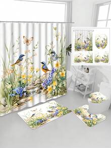 四件套绿色花卉鹦鹉春夏主题浴室浴帘套装，包含浴垫、U型马桶盖套、防水浴帘、现代风格浴室隔断帘，无需钻孔，涤纶材质，可机洗。 - 鳥 - 查看 18