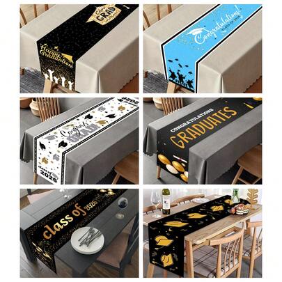 1개 졸업식 테이블 러너, 13.77 X 70.86/106.29 인치, 행복한 졸업 축하 졸업생 2026년 졸업 파티, 저녁 식사, 연회, 축하, 실내 및 실외 사용을 위한 테이블 장식, 블랙 골드 졸업 모자 및 학위 디자인