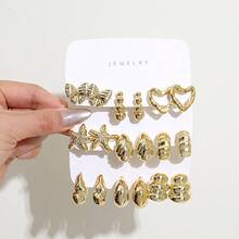 1 Pair - 9 Pairs New European And American Style Sweet Bow / Beach Star / Geometric Heart Earrings, Teardrop Earrings, Made Of High-Quality Plastic, Suitable For Daily Beach Wear. - Gold - View 1