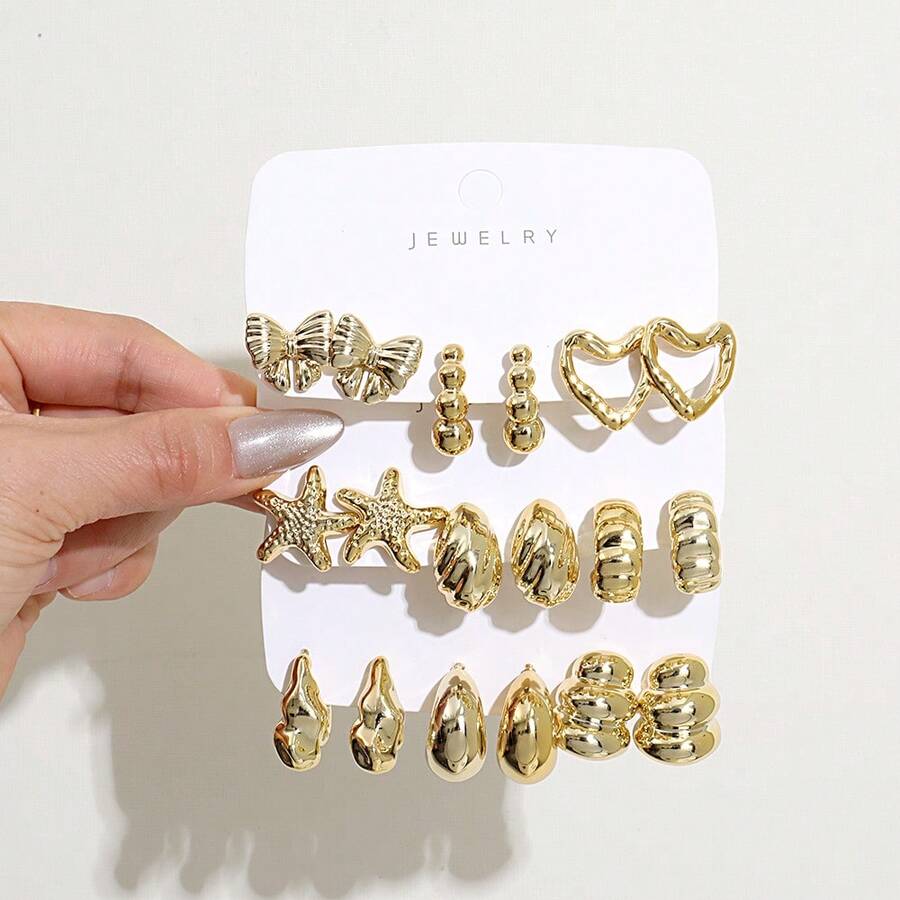 1 Pair - 9 Pairs New European And American Style Sweet Bow / Beach Star / Geometric Heart Earrings, Teardrop Earrings, Made Of High-Quality Plastic, Suitable For Daily Beach Wear. - Gold - View 1