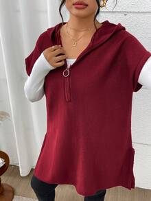 Women's Fashionable Loose Hooded Sleeveless Mid-Length Pullover Spring - Red - View 7