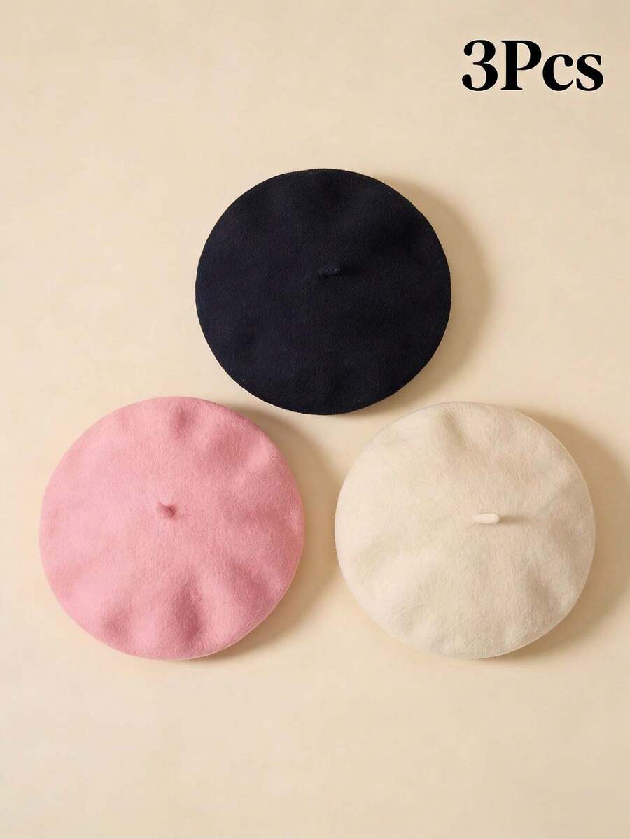 3 Pieces Wool Beret Hat French Style Wool Beanie Cap Solid Color Spring Hat For Women And Girls Casual Use