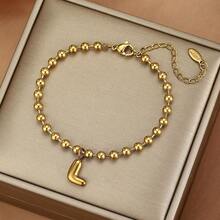 26 piezas Pulsera con dijes de letras iniciales, pulsera de acero inoxidable con cuentas doradas con letras de burbuja, adecuada para uso diario de mujeres, la caja de regalo es solo para fines de fotografía - Dorado - View 29