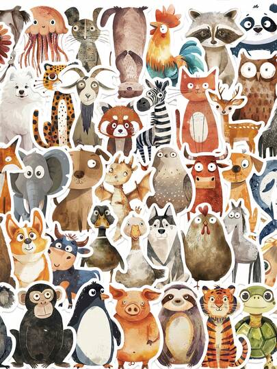 50张可爱奇特水彩动物贴纸 DIY笔记本电脑手机行李箱杯子防水涂鸦自行车汽车卡通贴花