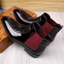 Men's Fashionable Business Chelsea Boots With Pressed Crocodile Texture Design, Elastic Band Ankle Dress Boots, Business Party Pointed Low Heel Fashion Footwear - 棕色 - 查看 7