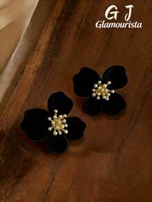 1 Par de Brincos de Botão Florais Elegantes e Aveludados Personalizados, Versáteis para Uso Diário, Festivais e Festas pelas Mulheres - flores flocadas - Visão 1