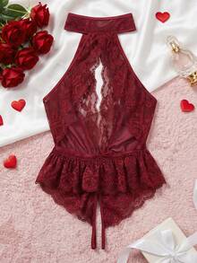 1 bộ đồ lót gợi cảm - Bộ jumpsuit hở lưng màu đỏ rượu quyến rũ với ren, khóa tròn. - Màu Đỏ Sâu - Xem 2