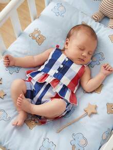 4th Of July Toddler Girl Outfit Strip Star Printed Sleeveless Tops Elastic Waist Shorts Girls Summer Clothes - 紅色 - 查看 7