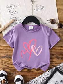 Young Girl Heart Print Short Sleeve T-Shirt, Casual - Purple - View 3