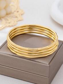 4件套极简金色不对称几何纹理手镯套装，适合女性，粗犷光滑哑光金属和锌合金材质手镯套装 - 金黃色 - 查看 2