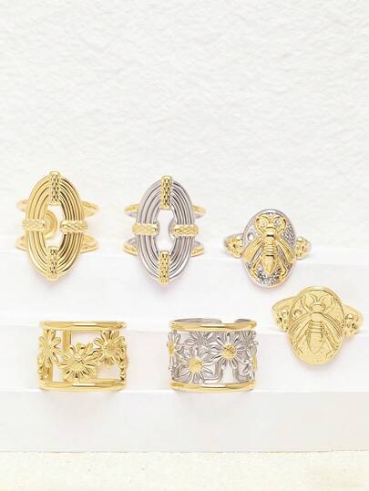 3 piezas Anillos chapados en oro de 18K de acero inoxidable, anillos de mujer, estilo Ins, anillos elegantes, joyería de mujer, estilo bohemio, regalo delicado, abeja, flor, geométrico, estilo micénico, anillos de oro, combinación de colores