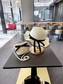 2件套蝴蝶结草编包和帽子，夏季女童大帽檐草帽，户外防晒沙滩公主风蝴蝶结帽 - 彩色 - 查看 5