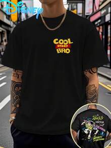 Officially Authorized By Disney, Men's Summer Casual Short-Sleeved T-Shirt-"Toy Story" Buzz Lightyear Theme Printing, Breathable Fit Outdoor Sports And Home Leisure, Machine Washable T-Shirt, Comfortable Fabrics, Fashionable Design, Durable Materials, Vibrant Life. - Black - View 1