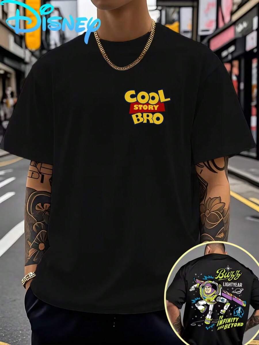Officially Authorized By Disney, Men's Summer Casual Short-Sleeved T-Shirt-"Toy Story" Buzz Lightyear Theme Printing, Breathable Fit Outdoor Sports And Home Leisure, Machine Washable T-Shirt, Comfortable Fabrics, Fashionable Design, Durable Materials, Vibrant Life. - Black - View 1
