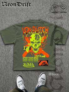 NeonDrift Street Double-Sided Printing Cotton T-Shirt 100% Cotton Fabric Unisex Style-Men T Shirt Skull Graphic Print Neon Yellow Orange Cross Design Streetwear Fashion Casual Wear For Urban Style Fans Hip Hop Look Breathable 100 Cotton Comfortable Fit - 軍綠色 - 查看 3